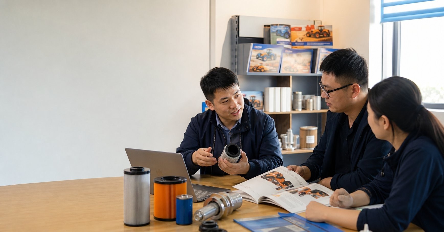 Lavino team discussing agricultural machinery parts and filters